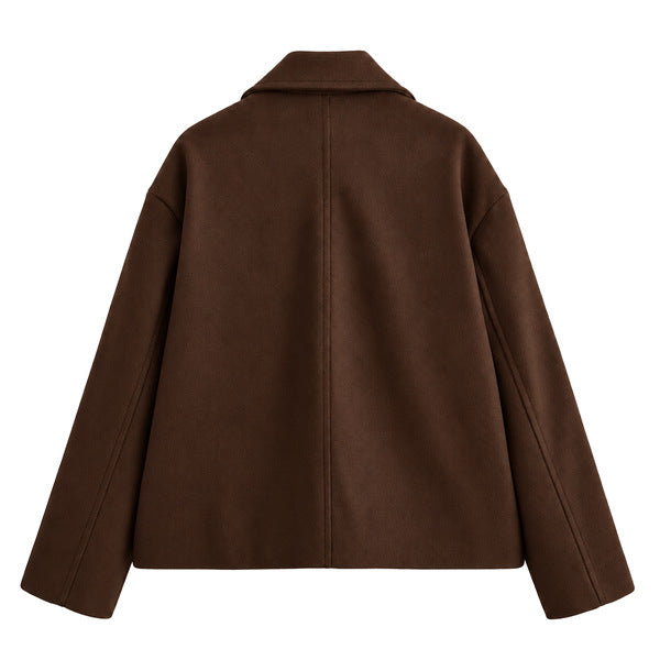 Oversized Double-Breasted Wool-Look Blazer Jacket - Brown - back