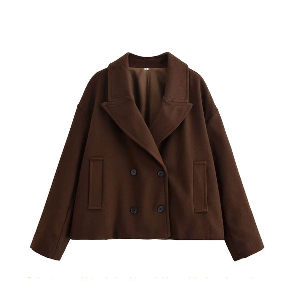 Oversized Double-Breasted Wool-Look Blazer Jacket - Brown - front