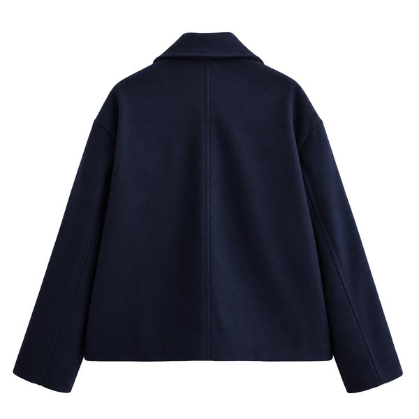 Oversized Double-Breasted Wool-Look Blazer Jacket - Navy - back
