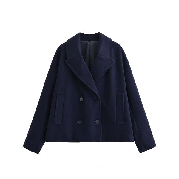 Navy Oversized Double-Breasted Wool-Look Blazer Jacket — front view