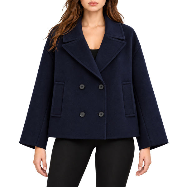 Oversized Double-Breasted Wool-Look Blazer Jacket - Navy - Model fully buttoned
