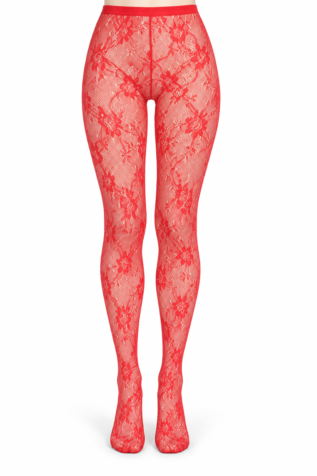 Red Floral Vine Lace Tights — front view