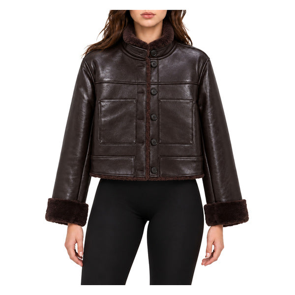Shearling-Trim Faux-Leather Jacket - model fully fastened