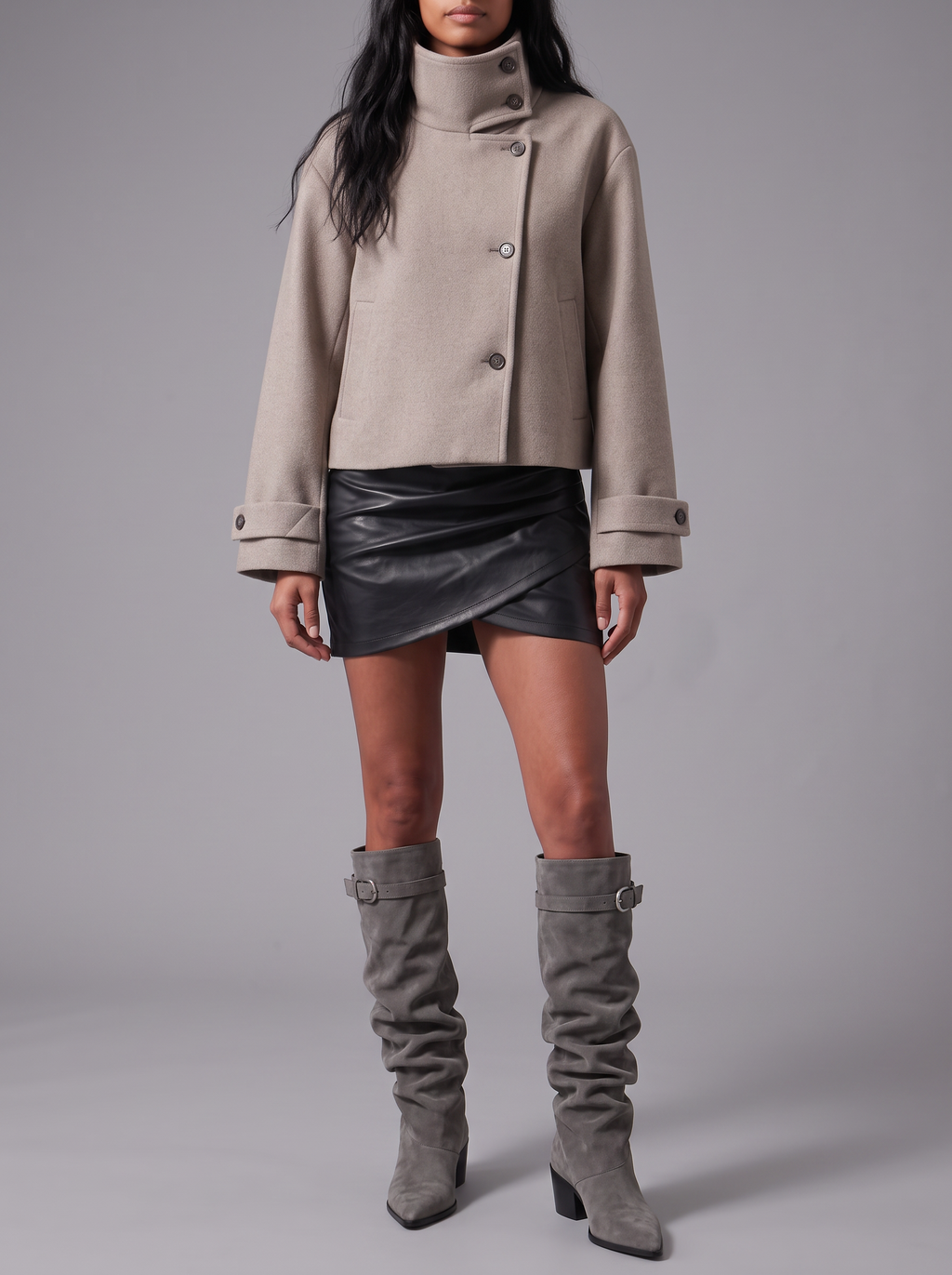 Charcoal gray Single-Buckle Slouch Boots — styled model view