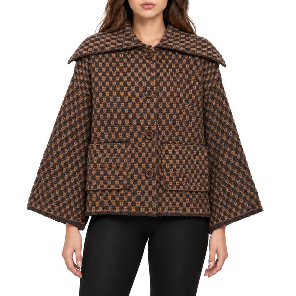 Textured Knit Cape-Style Jacket - Brown - Model fully buttoned