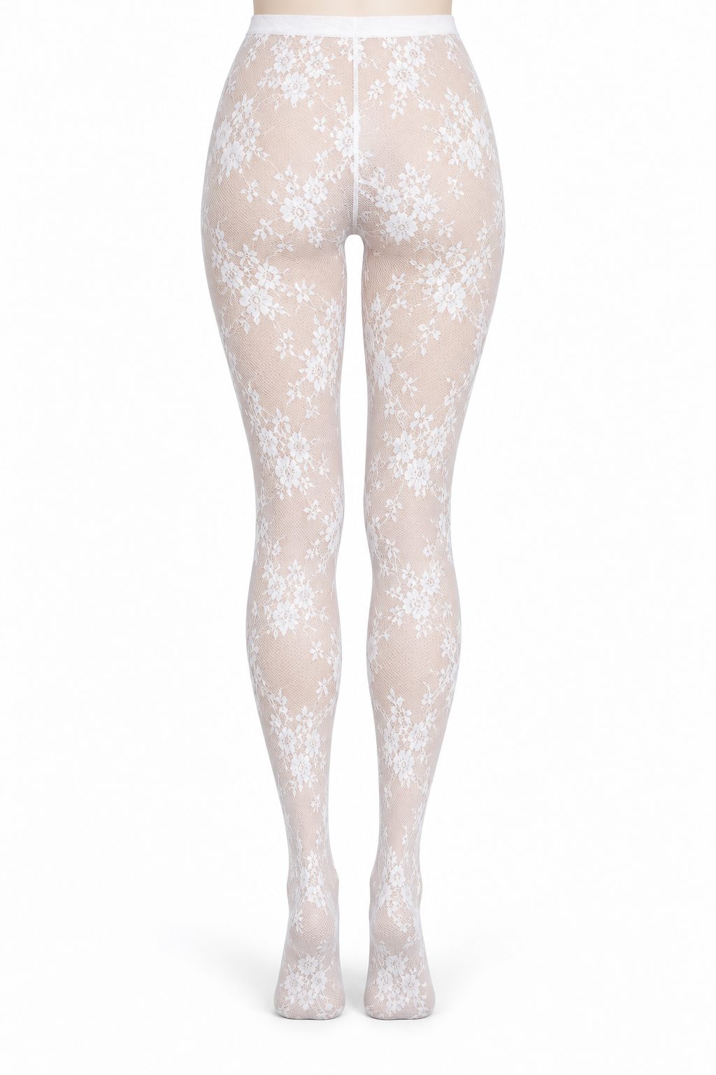 White Floral Bouquet Lace Tights — back view