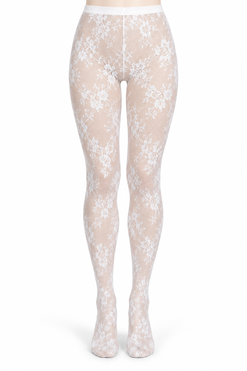 White Floral Bouquet Lace Tights — front view