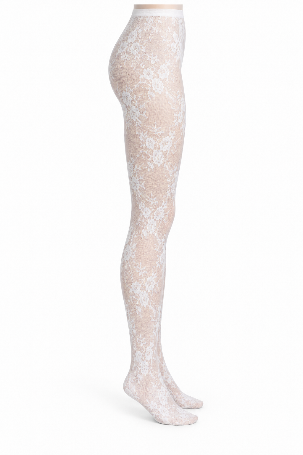 White Floral Bouquet Lace Tights — side view