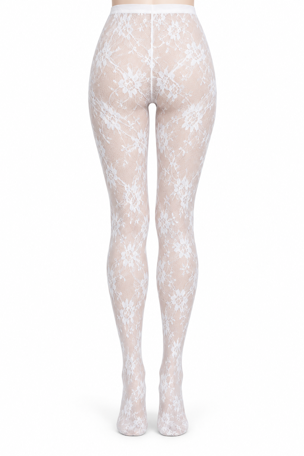 White Floral Vine Lace Tights — back view