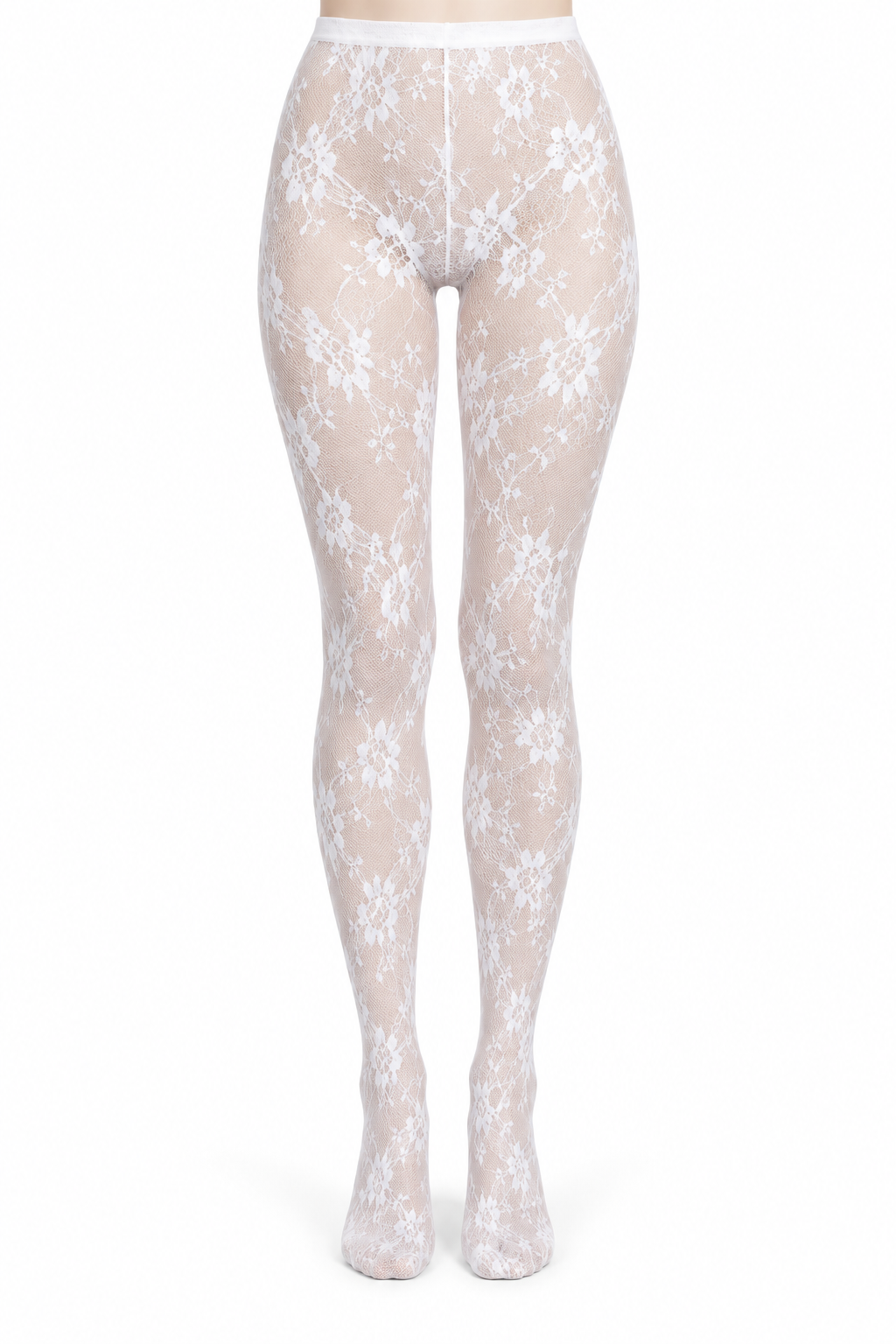 White Floral Vine Lace Tights — front view