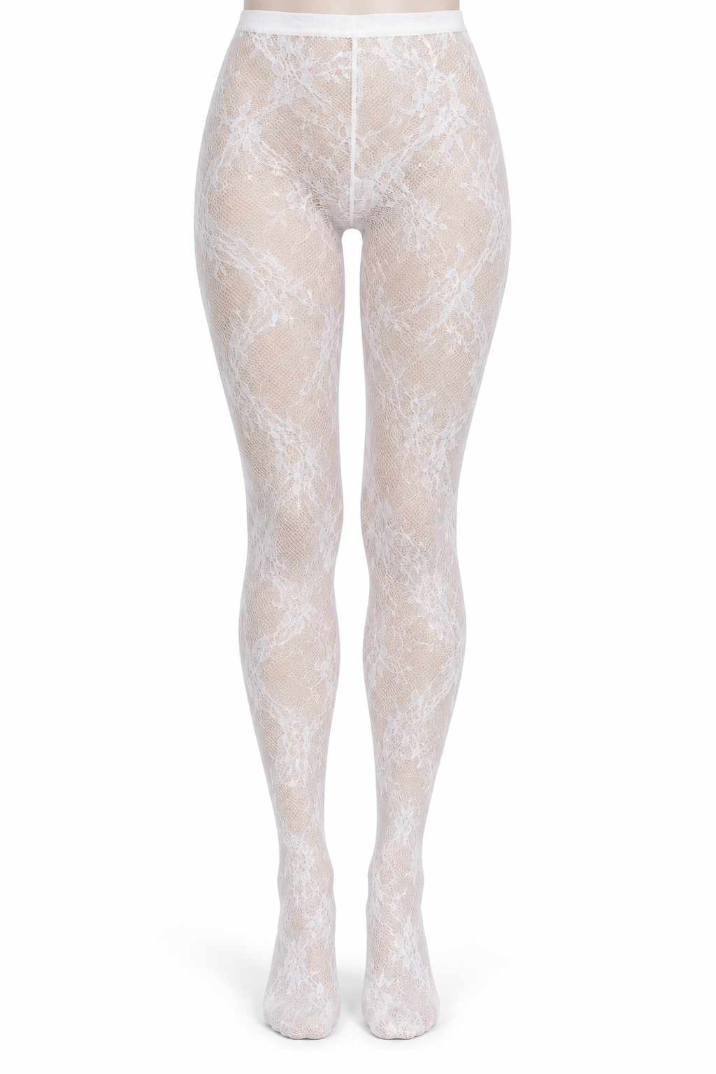 White Geometric Floral Lace Tights — front view