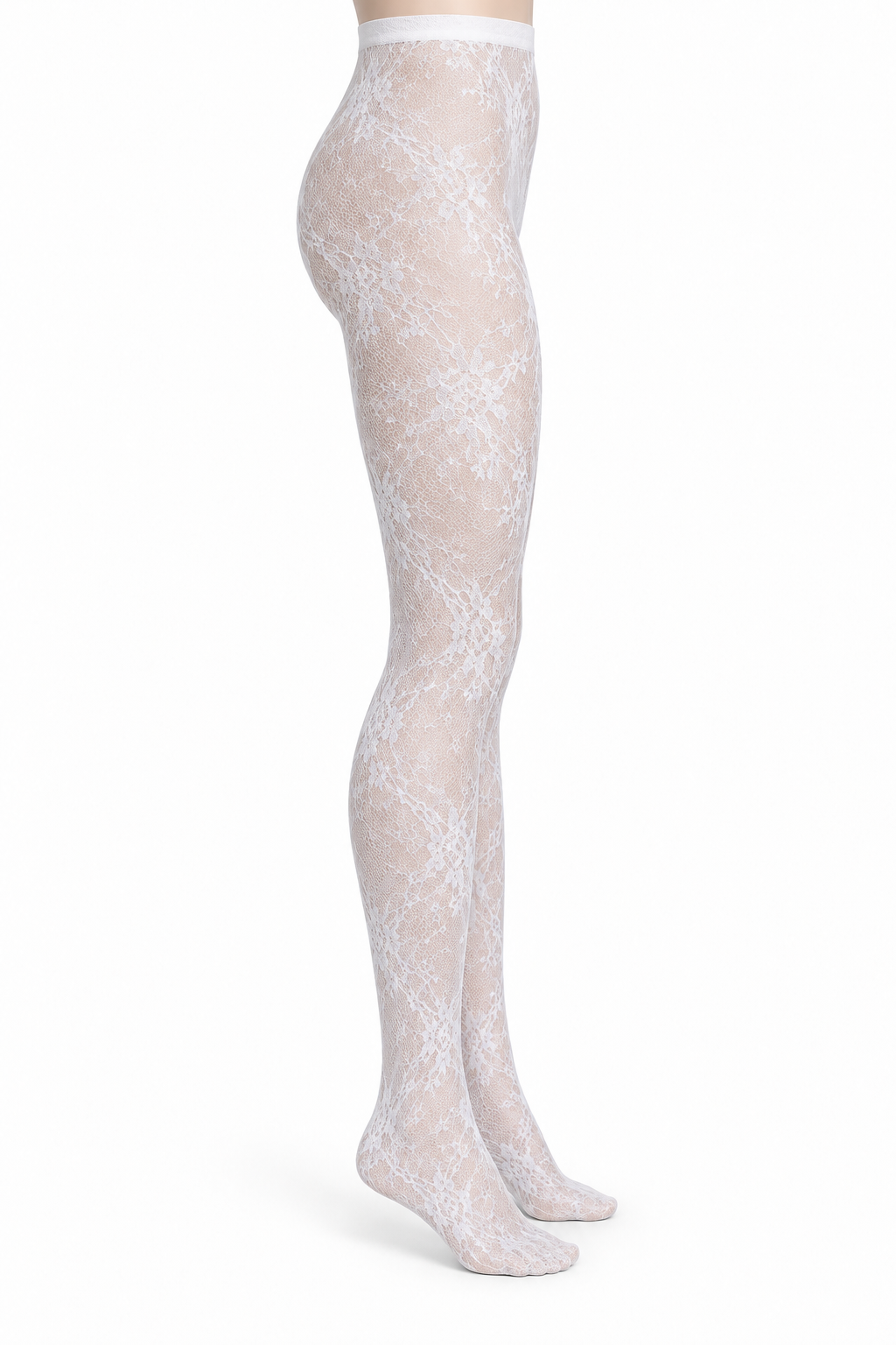 White Geometric Floral Lace Tights — side view