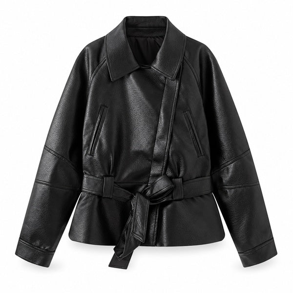 Black Belted Wrap Faux-Leather Jacket — front view