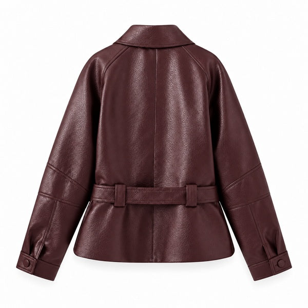 Burgundy Belted Wrap Faux-Leather Jacket — back view