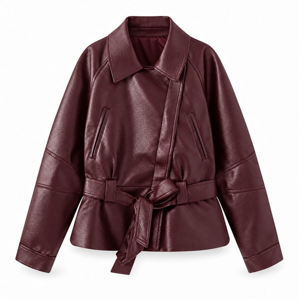 Burgundy Belted Wrap Faux-Leather Jacket — front view